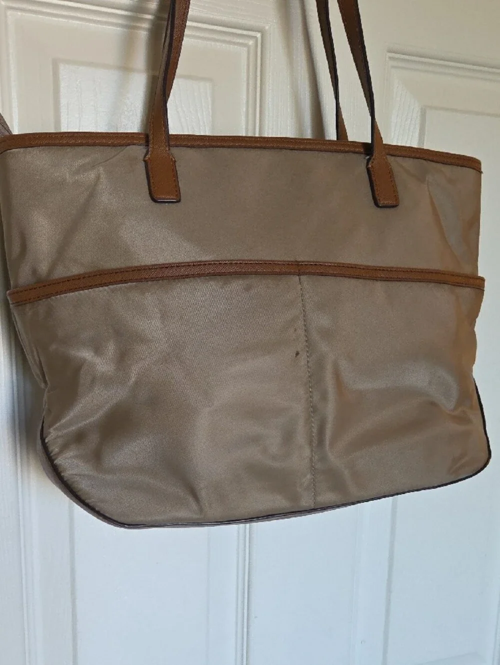 MICHAEL Michael Kors Taupe Nylon Tote with Brown Trim and Gold Hardware - Picture 4 of 12